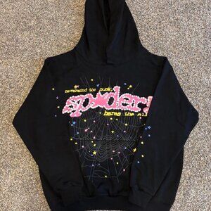 Sp5der Black Graphic Fleece Hoodie Men’s Size Large Cotton Pullover Streetwear